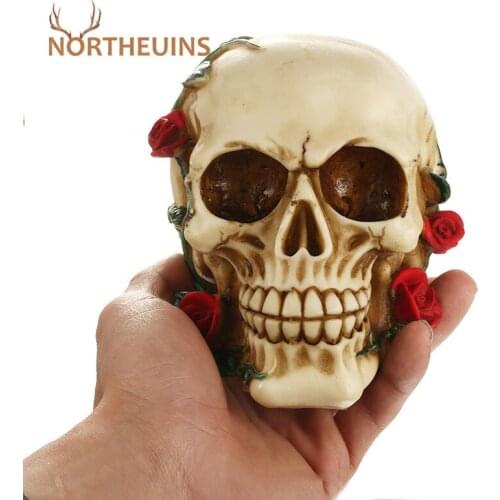 NORTHEUINS 11.5cm Resin Rose Skull Statues Creative Prop Skeleton Head Figurines For Interior Halloween Party Decoration Gifts