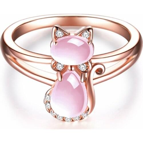 FYJS Unique Female Anniversary Gift Rose Gold Color Lovely Cat Shape Ring Rose Pink Quartz Jewelry