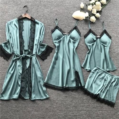 Womens Satin Silk Nightgown Bathrobe Woman Lace Robe Femme Pajamas Set 4pcs Robes Sleepwear Ladies Sexy Robe&Gown Pyjamas Suit