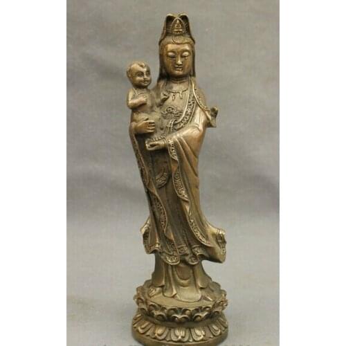 Hui88K844+++10"China Chinese Bronze Copper Buddhist Lotus Kid Child Kwan-Yin Quan Yin Statue