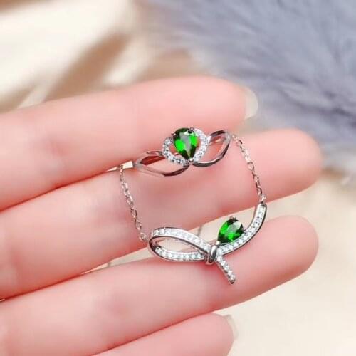 Natural green diopside Ring Pendant Natural Gemstone Jewelry Set S925 Silver elegant Cute Bow girls party present gift jewelry