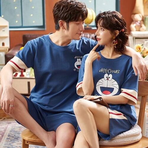 Korean Cute Women Pajamas Set Funny Japan Anime Couple Sleepwear Couple Cotton Blue Stripe Short Sleeve Lovers Homewear