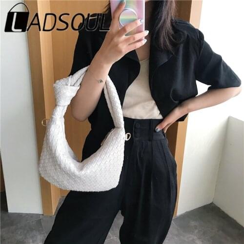 LADSOUL Woven Korean Fashion Handmade Bag PU Leather Printed All-match Shoulder Bag Personalized Knotted Handle Casual Tote Bag