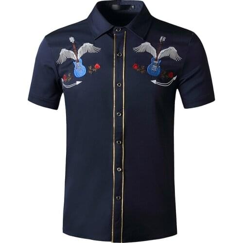 Summer Cotton Stylish Man Cowboy Shirt Lapel Embroidered Sleeve Leisure Buttons