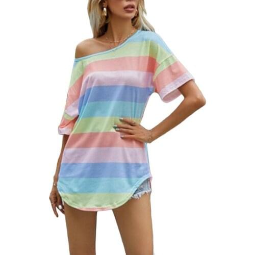 Summer Women Rainbow Print O-neck T-shirt Striped Short-sleeved Tee T Shirt Lady Casual Tops