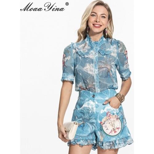 MoaaYina Fashion Designer Summer Elegant Holiday Two Pieces Set Womens Short sleeve Printed Blouse and Blue Shorts Suit