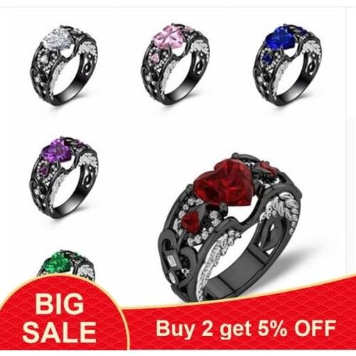Fashion Angel Wings Ring Black Gold Filled 925 silver Heart Shaped AAAAA cz Party Wedding Band Rings for women men Jewelry Gift