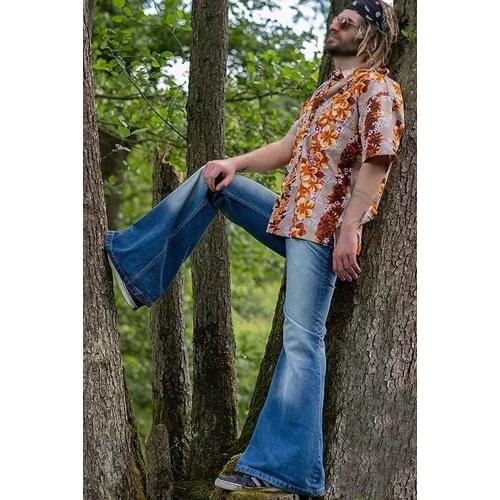 Men Punk Jeans Trousers High Waist Jeans Retro Mens Flare Pants Fashion Plus Size Blue Jeans Men Clothing