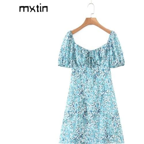 MXTIN 2021 Womens Vintage Spring Floral Print Mini Dress Fashion Square Collar Puff Sleeve Female Slim Party Dresses Vestidos
