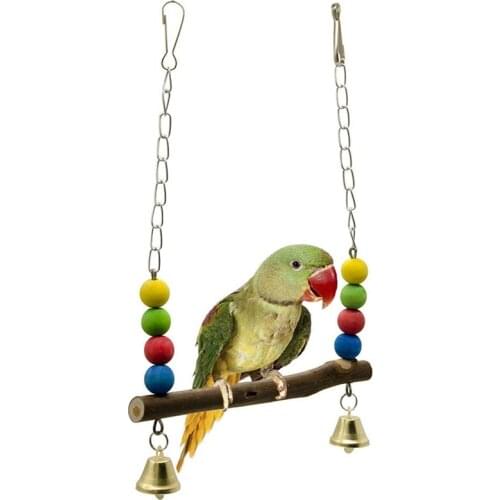 1pcs Natural Wooden Parrots Swing Toy Birds Colorful Beads Bird Supplies Bells Toys Perch Hanging Swings Cage for Pets