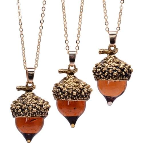 SEDmart Women Glaze Stone Necklace Orange Quartz Pine Cone Acorn Design Pendant Drop Crystal Glass Stone Necklace Jewelry