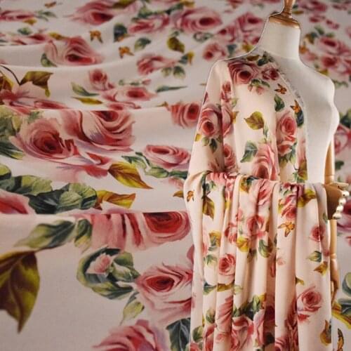 Half Meter Pink Rose Flower Print Chiffon Fabric For Dress Shirt Cheongsam Material Soft Transparent T1613
