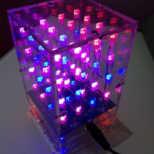 High Quality Blue Red Color 4*4*4 3D LED Light Cube Squared DIY PCB Electronic Kit Set with Case suitable for Arduino