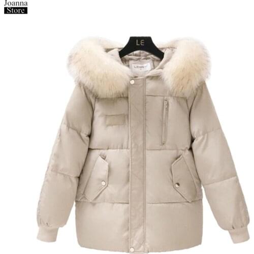 Winter jacket women winter raccoon fur collar kawaii casual hoodie thick coat streetwear plus size loose jackets blue red coats