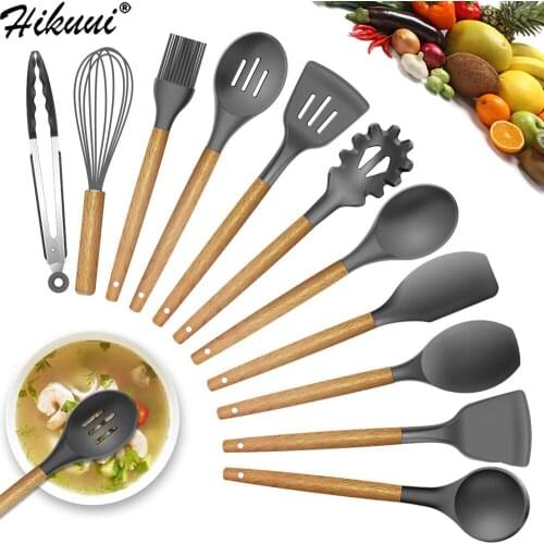 5/9/11 pc Silicone Kitchen Utensils Set Cookware Eco-friendly Wood Handle Cooking Tool Black Spatula Turner Ladle Kitchenware