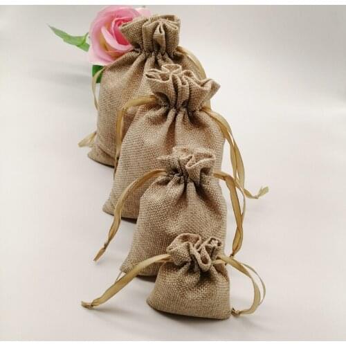 5pcs Linen Gift Bag Ribbon Jute Bag Sack Drawstring Jewelry Bags Pouch For Jewelry Packaging Display Wedding Christmas Gift Bags