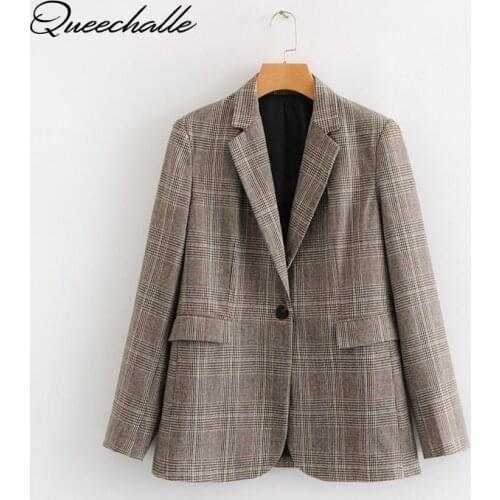 Queechalle Womens Blazer Coats Autumn Retro Plaid Notched Blazer Jacket Coat Female Single Button Loose Outerwear with Pockets
