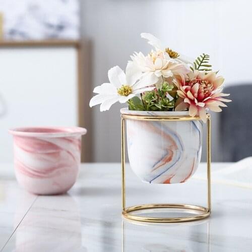 Nordic Style Flower Vase Creative Marble Pattern Ceramics Golden Iron Art Vase Tabletop Flower Pot Wedding Living Room WF1020