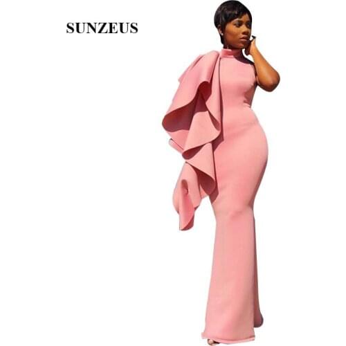 Long Pink Evening Dresses High Neck Sleeveless Floor Length Elegant Formal Gowns With Ruffles Women Party Dress