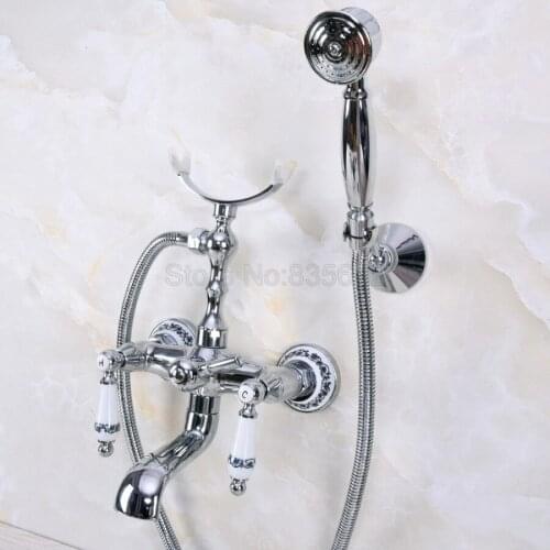 Chrome Polished Bathroom Tub Faucet W/Hand Shower Sprayer Clawfoot Mixer Tap Wall Mounted tna241