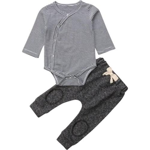 0-24M Casual Newborn Baby Boy Long Sleeve Striped Bodysuit Tops+Grey Pant Trouser 2PCS Outfits Autumn Clothes Set