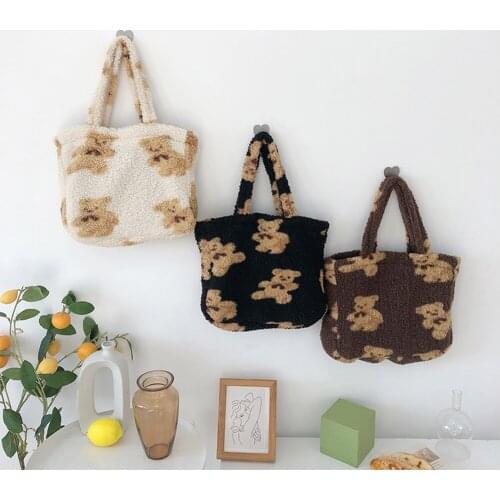 Fashion Large Capacity Shopping Shoulder Tote Bag Casual Bear Printed Korean Women Handbags Portable Soft Plush Travel Satchel