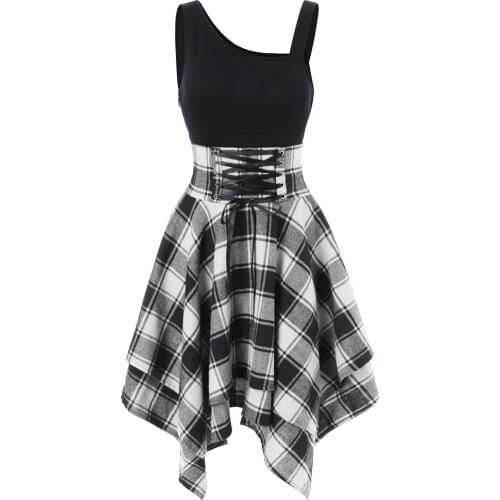 Fashion Women Sleeveless Dress Cold Shoulder Cross Lace Up Plaid Print Irregular Dresses Sexy Preppy Dress Women Summer