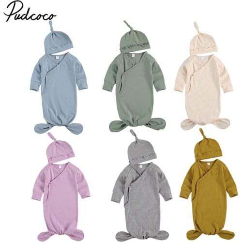 Newborn Baby Girls Boys Solid Ribbed Sleepling Bag Set, Long Sleeve Romper Nightgowns with Hat, Baby Coming Home Outfit 0-3Y