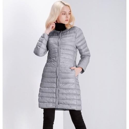 Autumn and winter white duck down solid color down jacket Thin casual retro button-style long ladies jacket