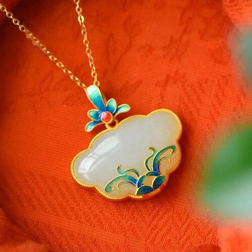 Orchid and Grass Super Fairy Retro Enamel Hetian Jade Xiangyun Longevity Lock Pendant Sterling Silver Necklace Female Ethnic Sty