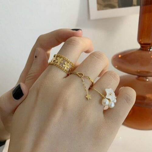 French Romantic Wedding Rings for Women Flower Hollow 14k Gold Matching Rings for Girls with Tassel Elegant Womens Jewelry 2021