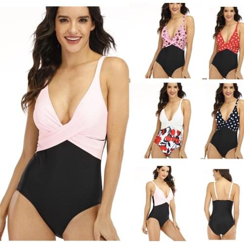 Stitching Sexy deep V bikini wave dot print one-piece swimsuit multicolor beachwear swimsuit bathing suit women