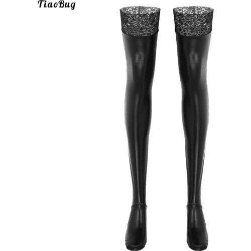 TiaoBug 1 Pairs Women Lingerie Wet Look Patent Leather Thigh High Stay Up Lace Floral Stockings For Night Club Party Cosplay