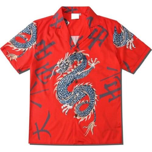 2020 Harajuku Street Fashion Men & Women Couples Casual Chinese Dragon Print Summer Short Sleeve Loose Lapel Shirt Red For Men