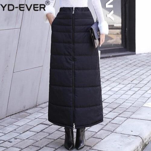 Black Quilted Skirt Front Zip Up Pocket Ankle Length Long Thick Skirt Winter Womens Warm Clothing Skirt Plus Size XXL