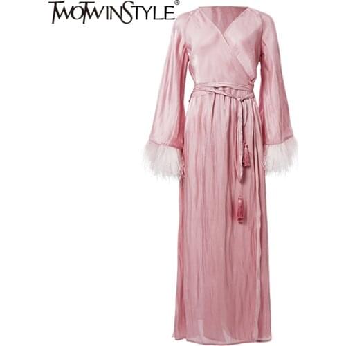 TWOTWINSTYLE Casual Pink Patchwork Feathers Lace Up Long Dress Females V Neck Bell Long Sleeve High Waist Maxi Dresses For Women