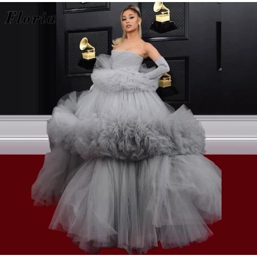 Red Carpet Dress 2021 Newest Grey Tulle Tiered Evening Dresses For Pageant Gowns Robe De Soiree African Arabic Prom Dress Aibye