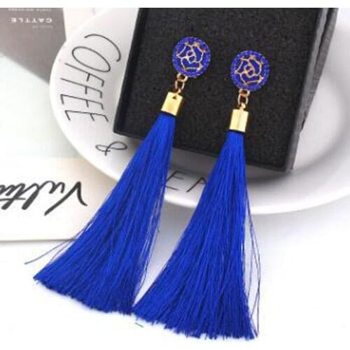 2020 New Womens Fashion Bohemian Tassel Crystal Long Earrings Black Red Silk Fabric Drop Tassel Earrings For Women Jewelry