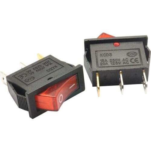5Pcs/Lot KCD3 16A 250V/20A 125V 3 Pin Red Button Light Rocker Switch Rocker Power Switch