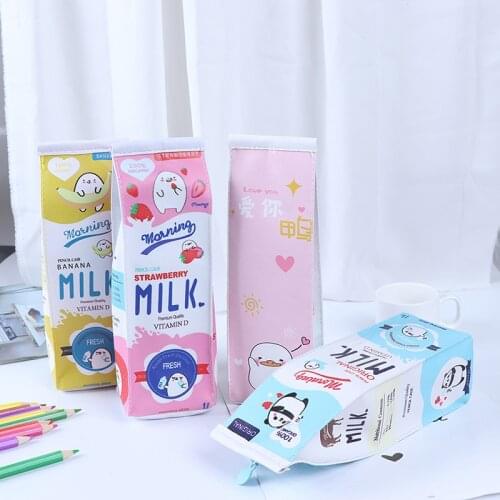 Cartoon Milk Bottle School Pencil Case Cute Pu Pen Bag Storage Pouch Stationery