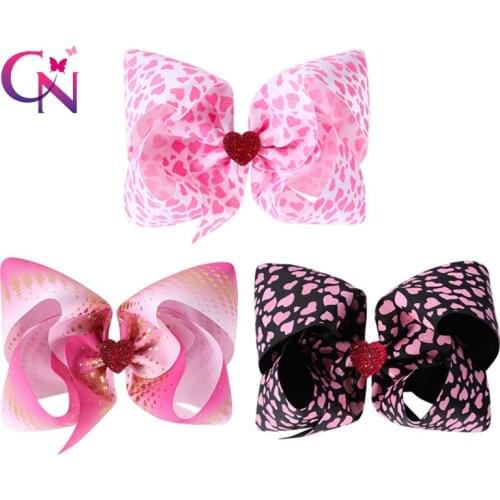CN 3pcs/lot 7" Valentine Hair Bows For Girls Kids Glitter Heart Printed Hair Clips Hairgrips Valentine Gift Hair Accessories