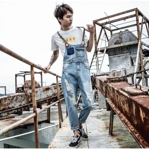 2020 New Harajuku Japanese Hole Denim Nine pants Mens tide Korean version of the Locomotive Overalls Bib Size S-XL XXXL