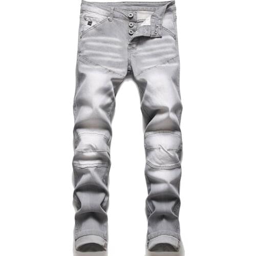 Denim jeans new style European and American fashion stitching gray regular fit casual stretch mens pants
