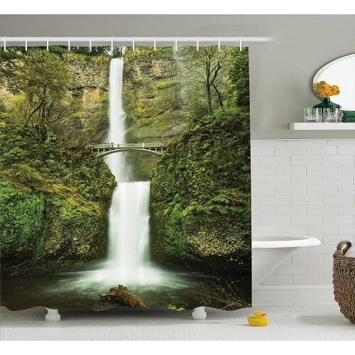 Hobbits Shower Curtain Falls of Rivendell Multnomah Waterfall Oregon with Hobbit Elf Path Bridge Scene Wall Decoration Curtains