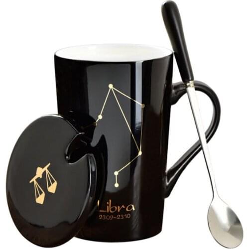 Ceramic Mugs 12 Constellations Creative Mugs with Spoon Lid Black and Gold Porcelain Zodiac Milk Coffee Cup Drinkware