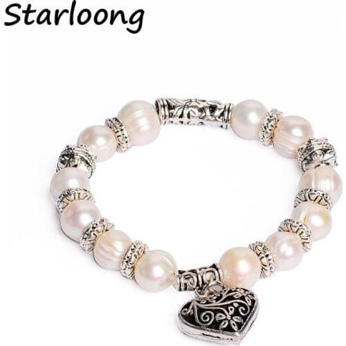 Round Natural Freshwater Pearls Beads Hollow Heart Shape Alloy Charm Spacers Beads Strand Bracelets for Women Pulsera
