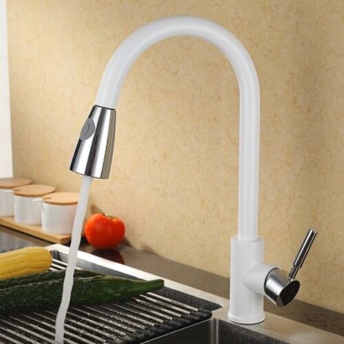 Kitchen Sink Faucets Brass Kitchen Faucet Pull Out Spout Mixer Tap Single Handle Hot & Cold White Chrome Swivel Water Crane Taps