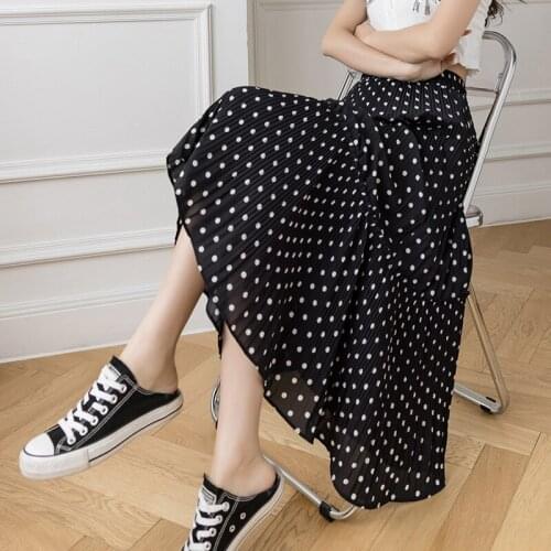 Summer Dot Chiffon Skirt Women Summer Pleated High Waist Slim Skirts Womens Elegant Long Fashion A-line Swing Skirt Women