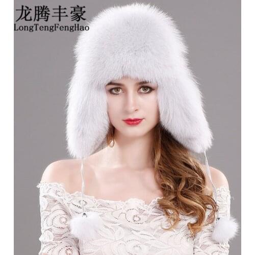 Hot Sale Winter WomenS Fox Fur Hat Bomber Hats Cap Snow Cap Fur Millinery Russian Genuine Leather Ear Protector Cap Warm Beanie