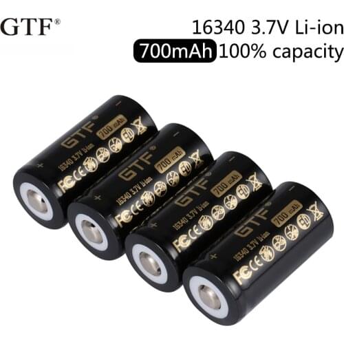 Loadable li-ion cylinder with capacity, gtf, 3.7v, 16340, 700mah, 100% for LED flashlight, toy, remote control, 16340 points, he
